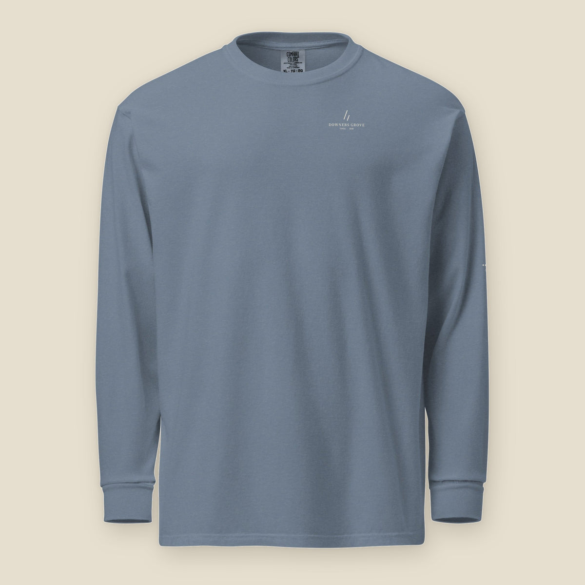 Downers Grove Long Sleeve, front, Blue Jean: the mark over DOWNERS GROVE and TIVOLI · 1928 at the left chest
