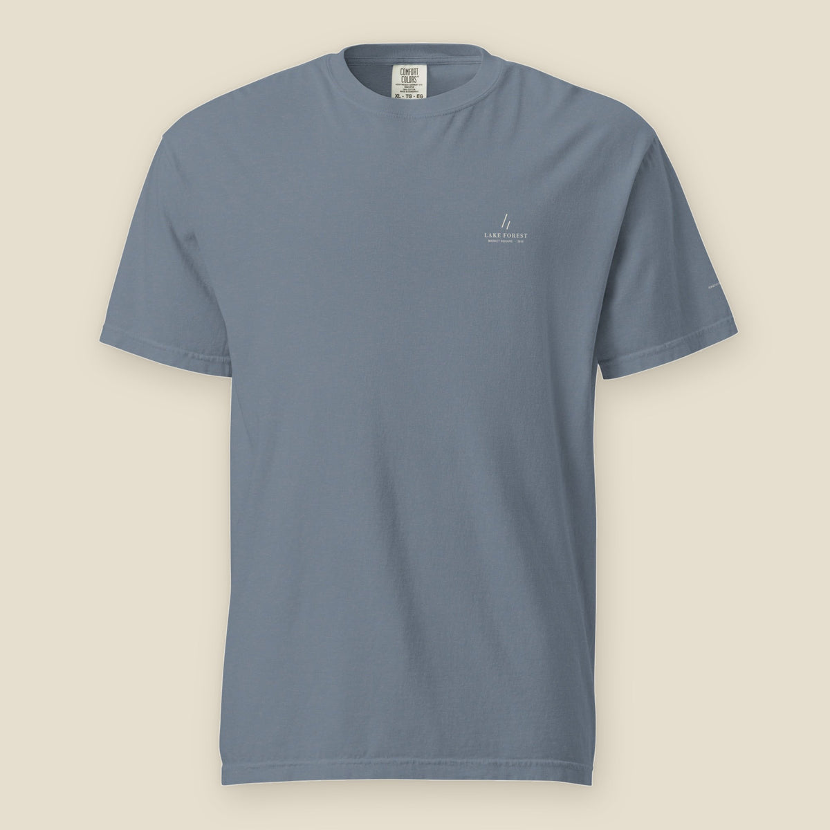 Lake Forest Tee, front, Blue Jean: the mark over LAKE FOREST and MARKET SQUARE · 1916 at the left chest