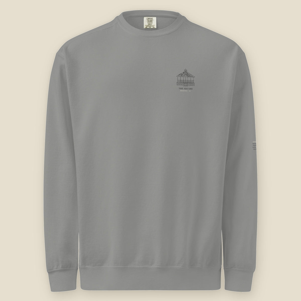 Woodstock Crewneck, front, Grey: the Square bandstand over THE SQUARE and WOODSTOCK · ILL. at the left chest
