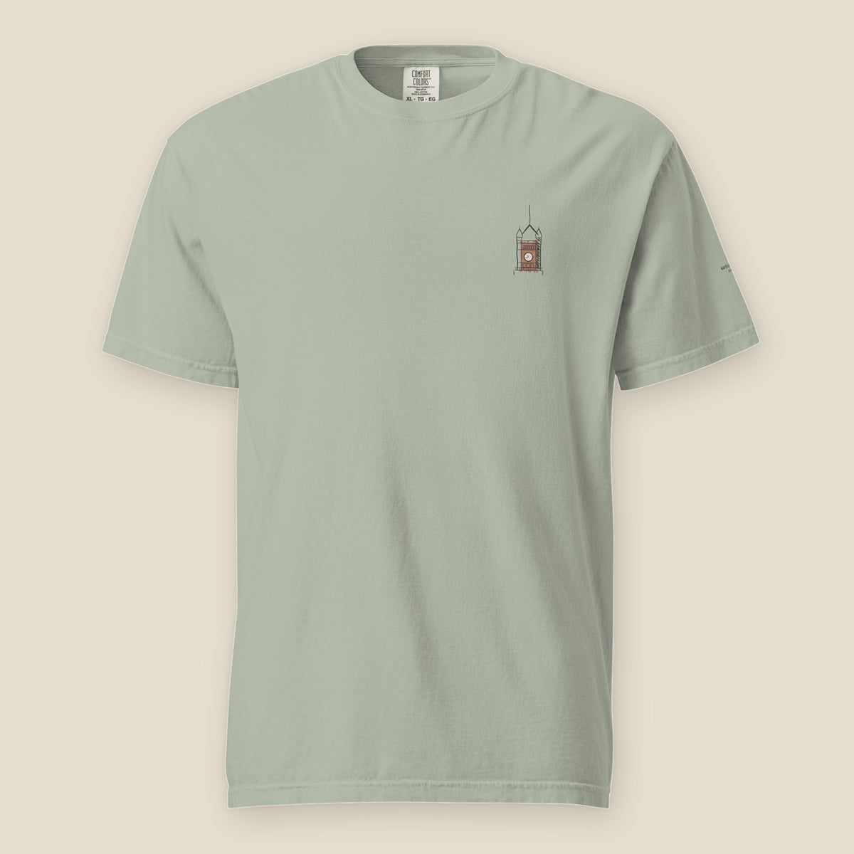 Wheaton Tee, front, Bay: the courthouse clock tower printed small at the left chest