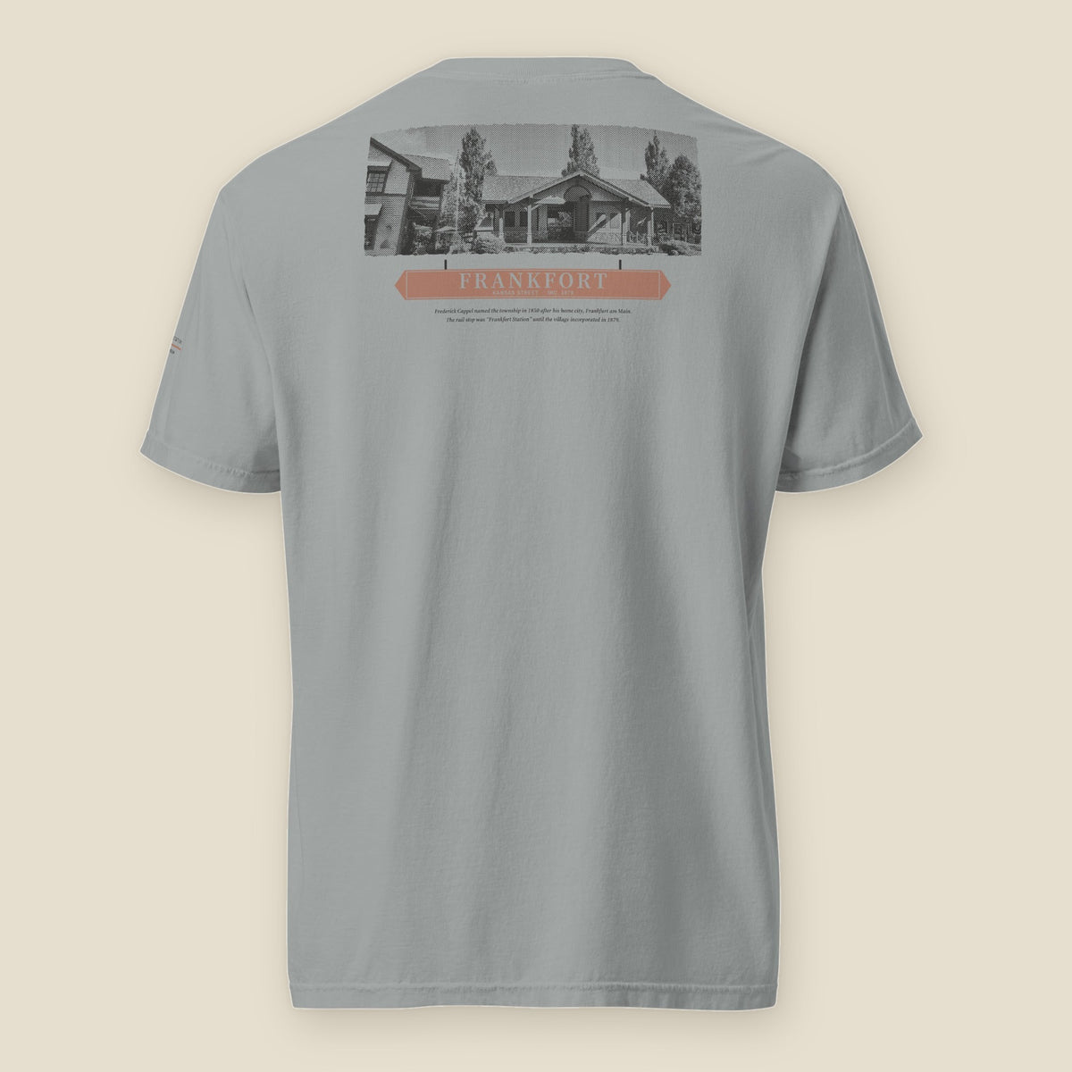 Frankfort Tee, back, Granite: halftone of the station house over a FRANKFORT · KANSAS STREET · INC. 1879 sign