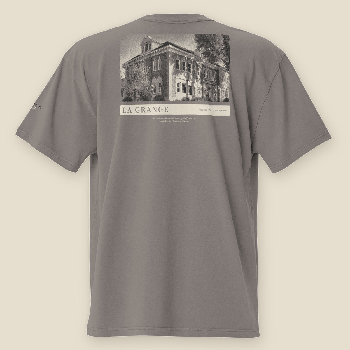 La Grange Heavyweight Tee, back, Faded Grey: halftone of La Grange Village Hall over a LA GRANGE title bar