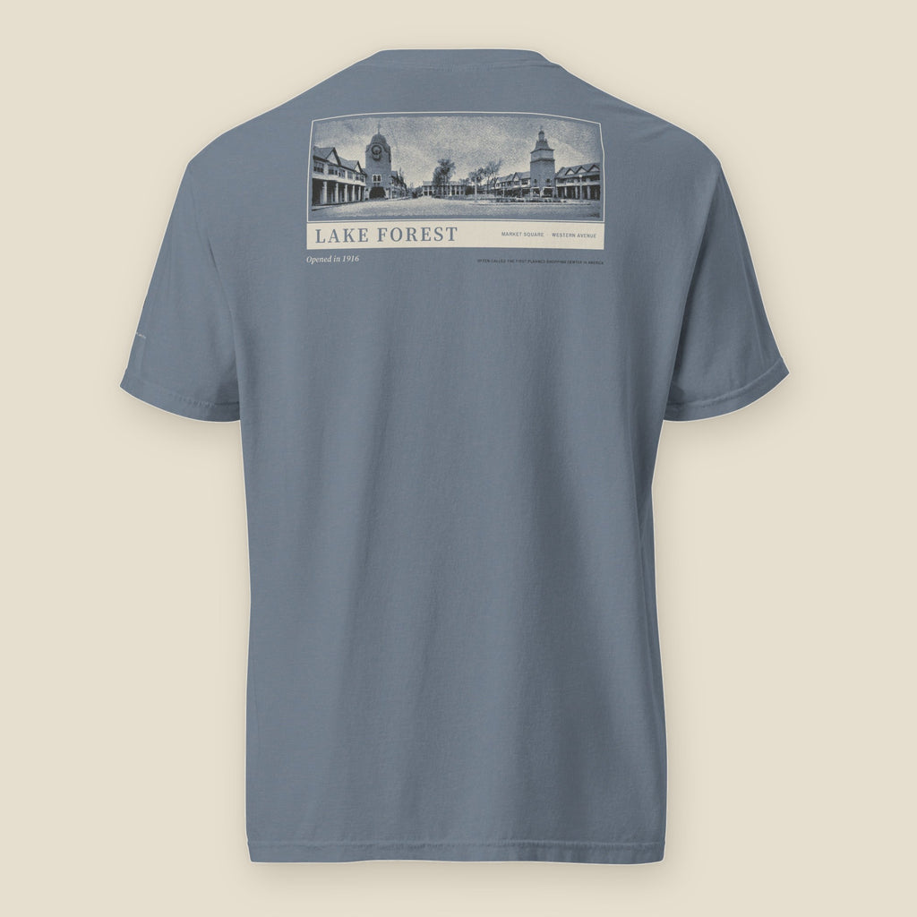 Lake Forest Tee, back, Blue Jean: halftone of Market Square over a LAKE FOREST title bar, Opened in 1916