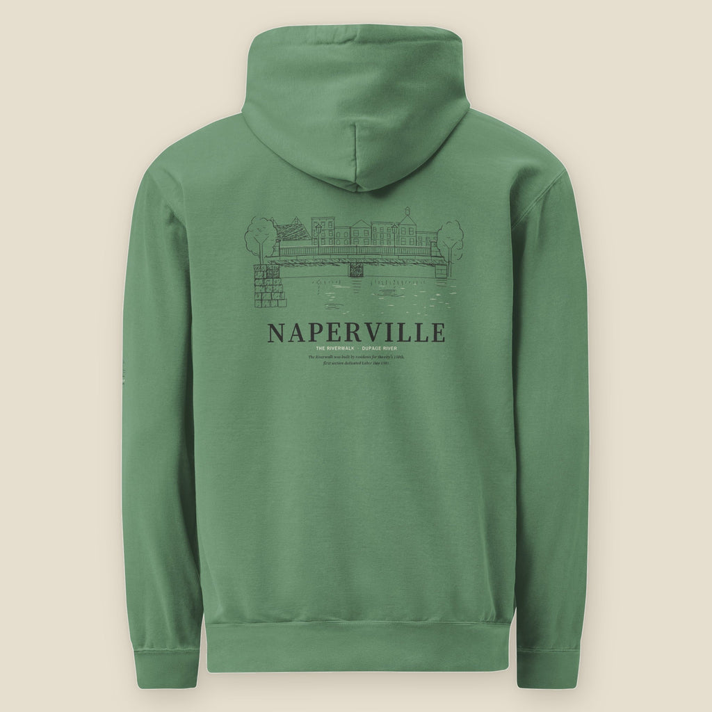 Naperville Hoodie, back, Light Green: the Riverwalk footbridge over the DuPage River above NAPERVILLE