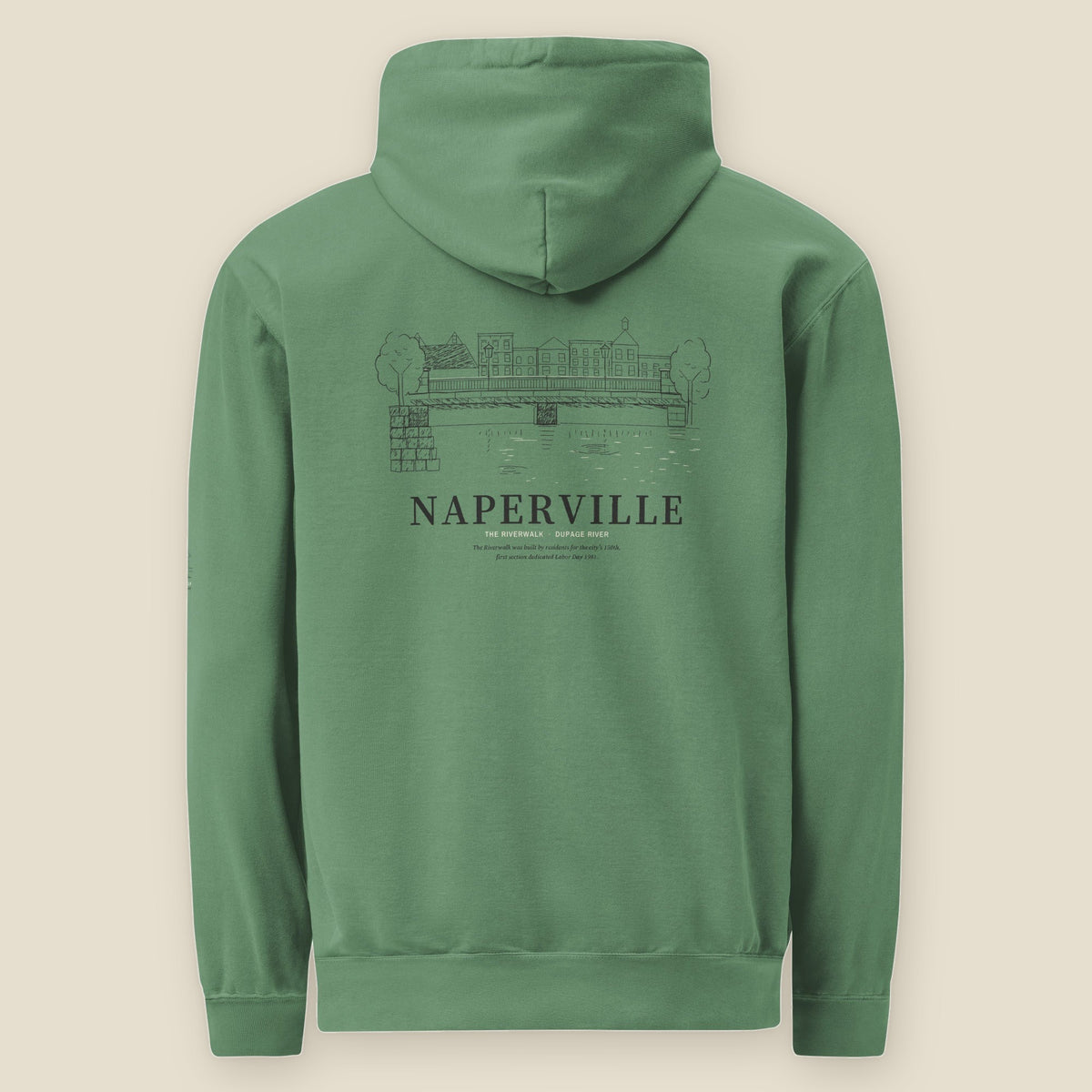 Naperville Hoodie, back, Light Green: the Riverwalk footbridge over the DuPage River above NAPERVILLE