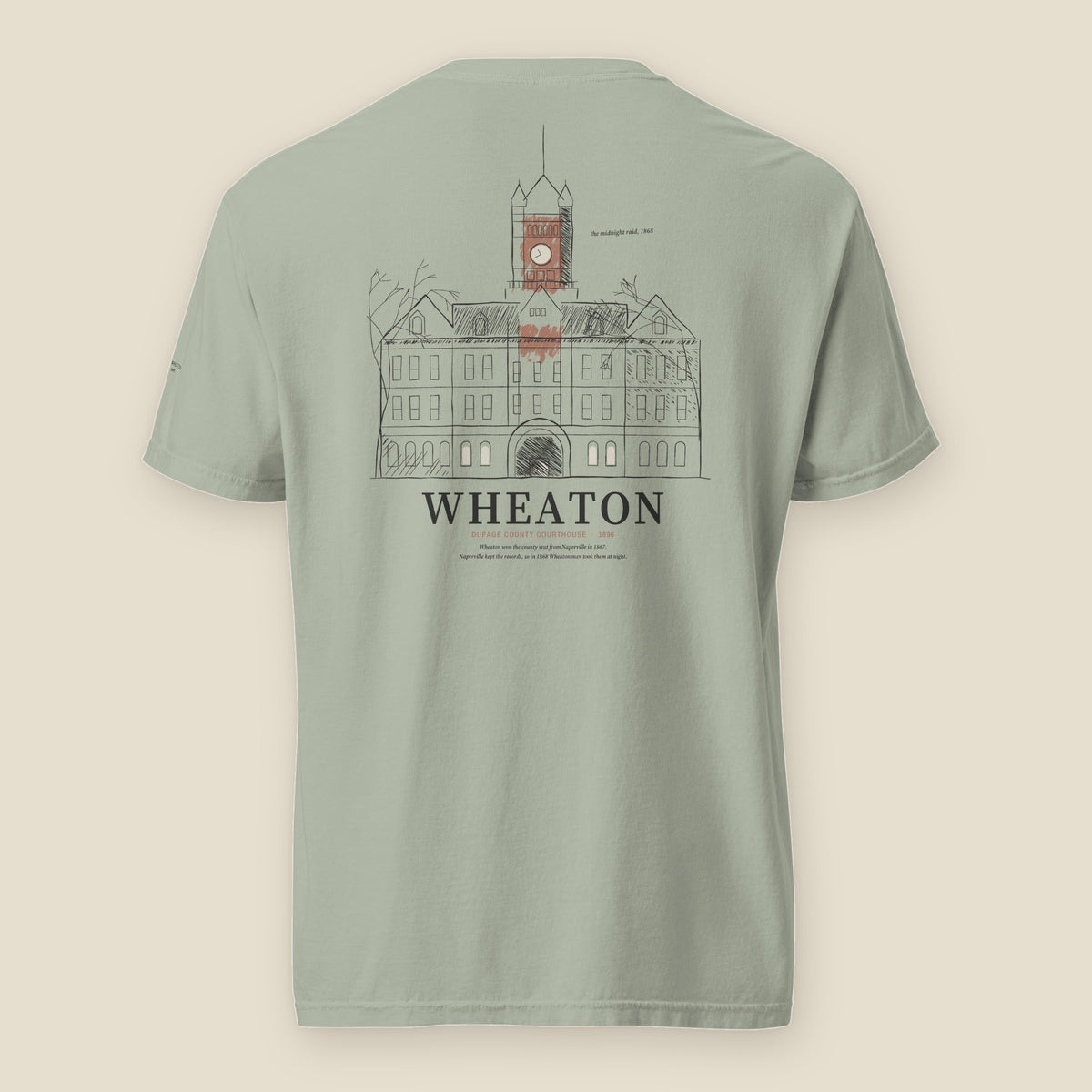 Wheaton Tee, back, Bay: the DuPage County Courthouse in ink with a brick-red wash over WHEATON