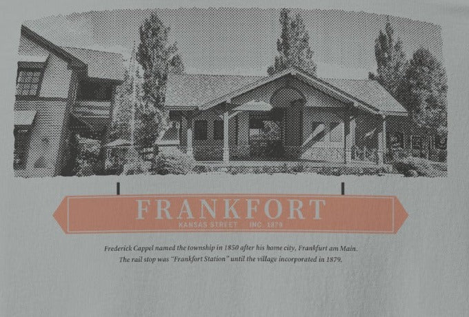 Frankfort Tee, back close-up, Granite: the station house halftone, FRANKFORT sign and the Cappel story