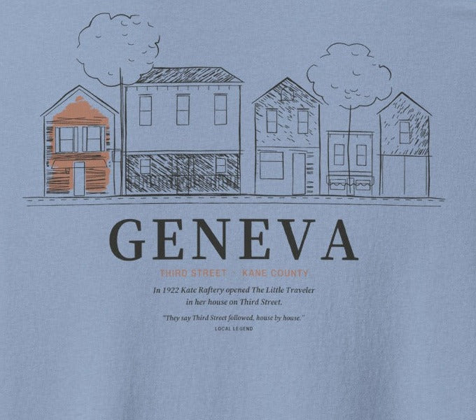 Geneva Tee, back close-up, Washed Denim: the house-shop row, GENEVA, the story and the LOCAL LEGEND line