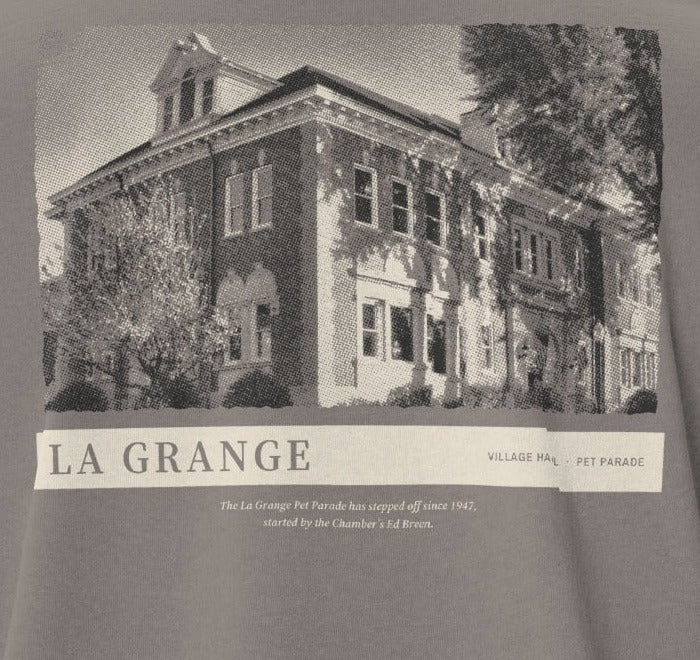 La Grange Heavyweight Tee, back close-up, Faded Grey: brick Village Hall over the LA GRANGE title bar