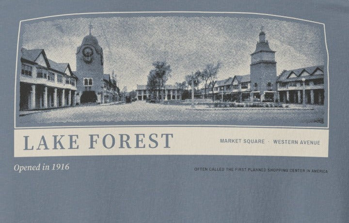 Lake Forest Tee, back close-up, Blue Jean: Market Square halftone, its two towers and Western Avenue shops
