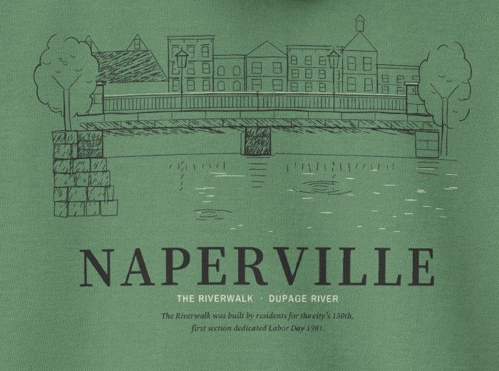 Naperville Hoodie, back close-up, Light Green: footbridge, rooftops and THE RIVERWALK · DUPAGE RIVER