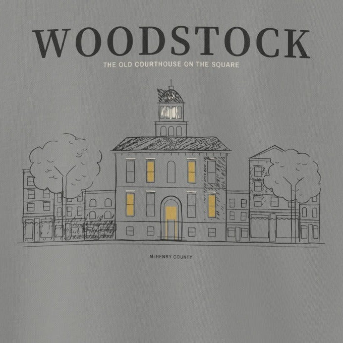 Woodstock Crewneck, back close-up, Grey: the Old Courthouse and Main Street row over McHENRY COUNTY