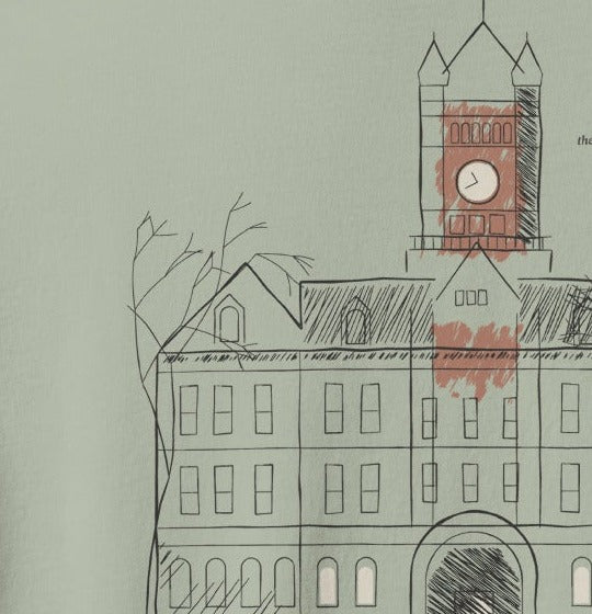 Wheaton Tee, back close-up, Bay: the courthouse clock tower and roofline in ink with a brick-red wash