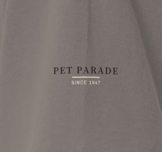 La Grange Heavyweight Tee, left sleeve close-up, Faded Grey: PET PARADE over a rule and SINCE 1947