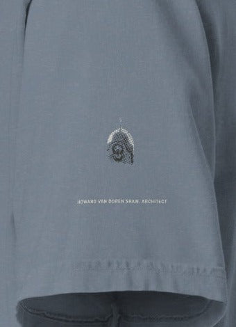Lake Forest Tee, left sleeve close-up, Blue Jean: the clock tower over HOWARD VAN DOREN SHAW, ARCHITECT