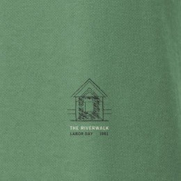 Naperville Hoodie, left sleeve close-up, Light Green: bridge portal over THE RIVERWALK, LABOR DAY · 1981