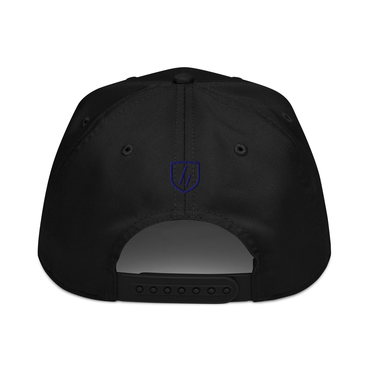 Mayvick structured cap 7, black, back: small navy stitched shield symbol above the closure