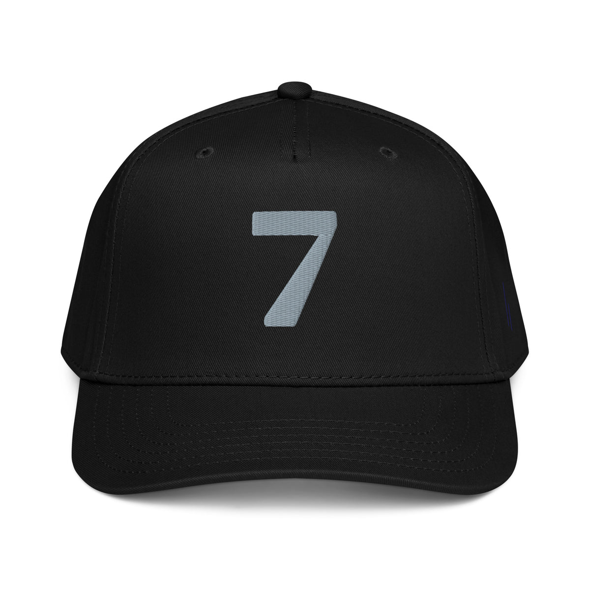 Mayvick structured cap 7, black (South Works), front: bold 7 in grey puff embroidery
