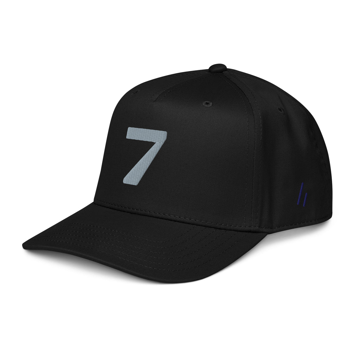 Mayvick structured cap 7, black, 3/4 front-left: grey puff 7, navy two-bar mark on the side