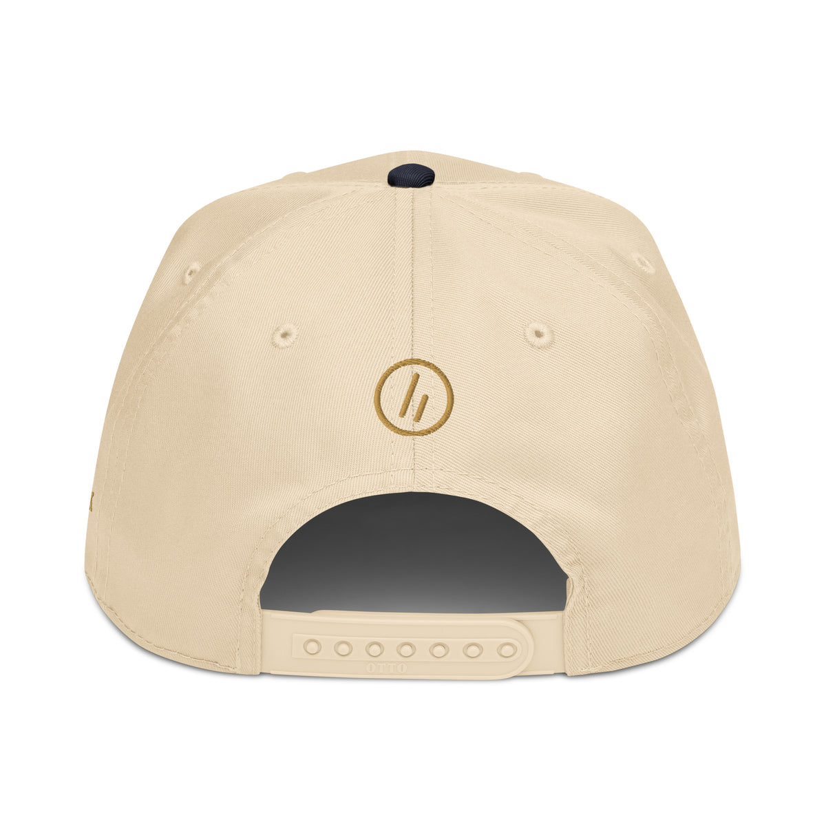Mayvick structured cap, Navy/Natural, back: Old Gold stitched roundel symbol above the closure