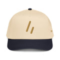 Mayvick structured cap, Navy/Natural, front: Old Gold puff-embroidered two-bar mark on the natural crown