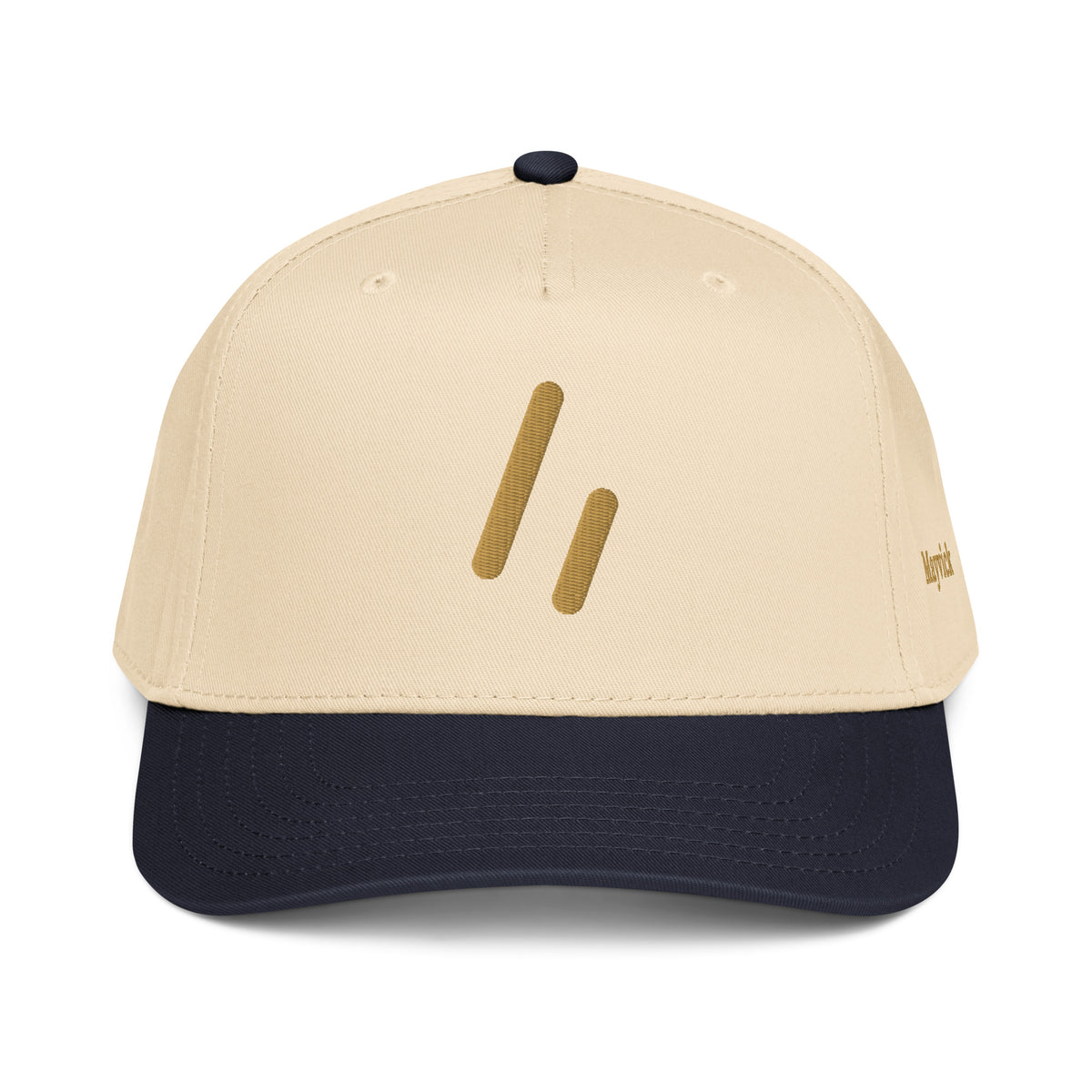 Mayvick structured cap, Navy/Natural, front: Old Gold two-bar mark in 3D puff on the natural crown