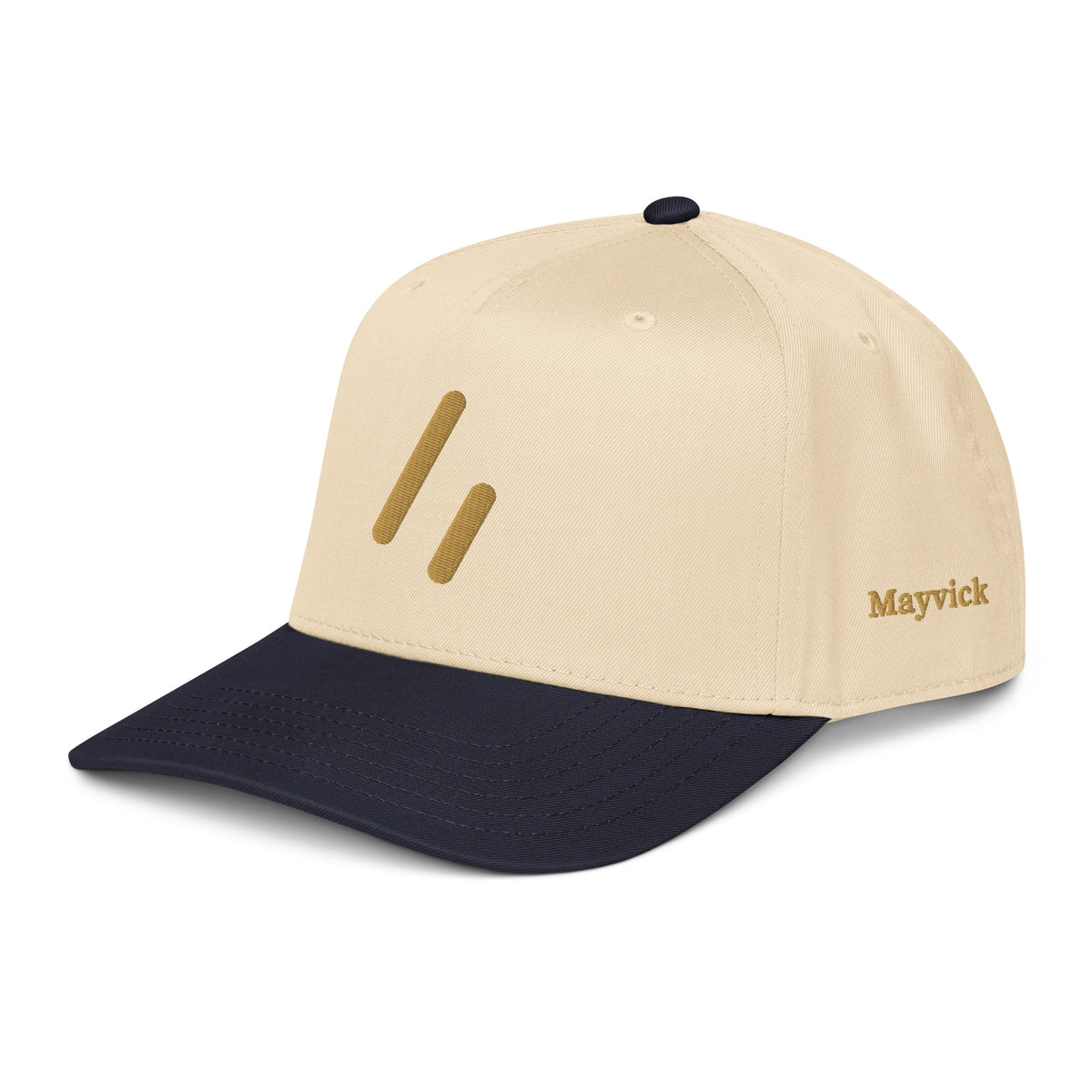 Mayvick structured cap, Navy/Natural, 3/4 front-left: two-bar mark on the front, wordmark on the side