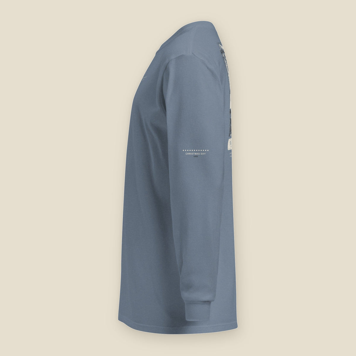 Downers Grove Long Sleeve, left side, Blue Jean: the marquee-bulb sleeve print and the edge of the back print