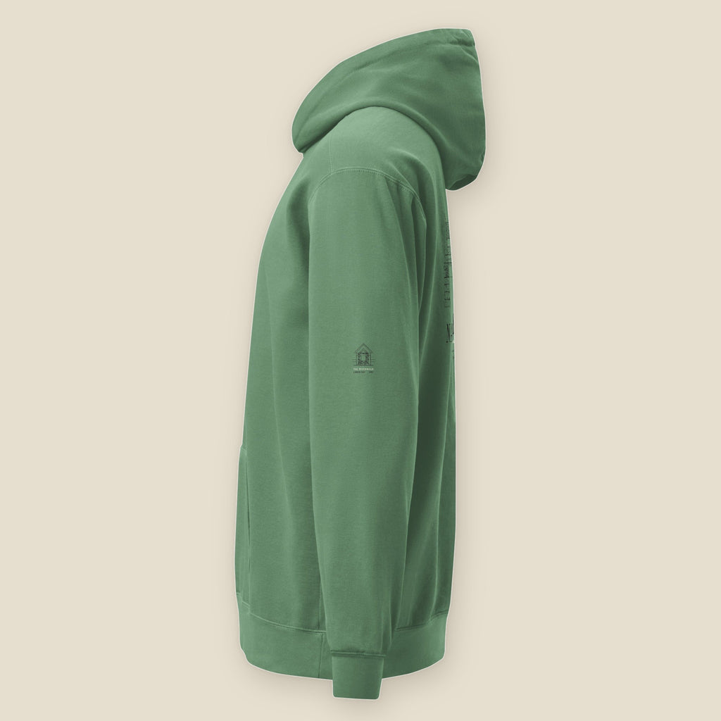 Naperville Hoodie, left side, Light Green: the Riverwalk sleeve print and the edge of the back print