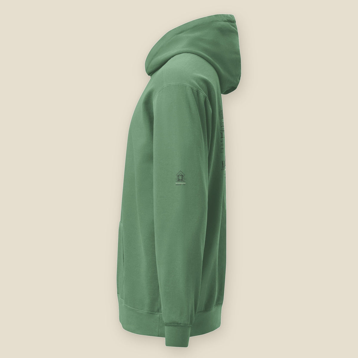 Naperville Hoodie, left side, Light Green: the Riverwalk sleeve print and the edge of the back print