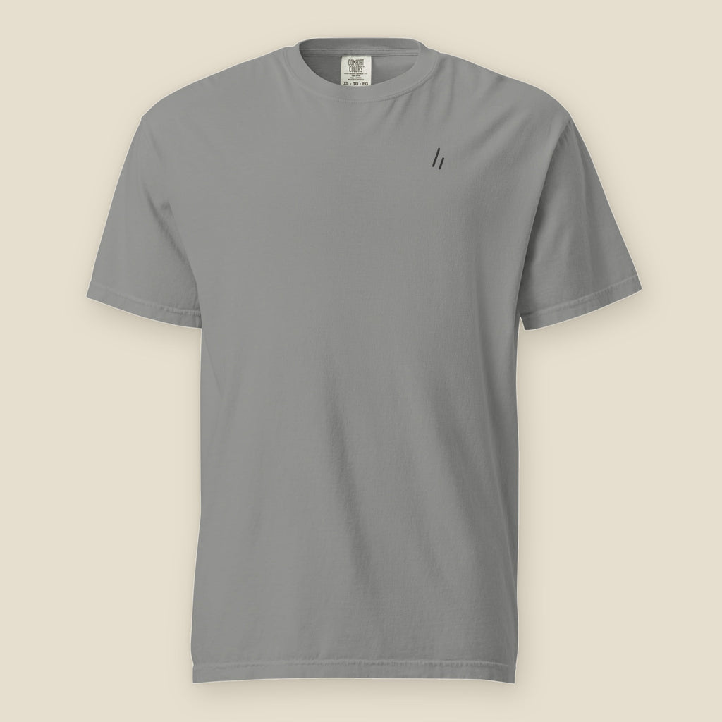 83 Miles North Tee, front: the double slanted line mark printed small at the left chest