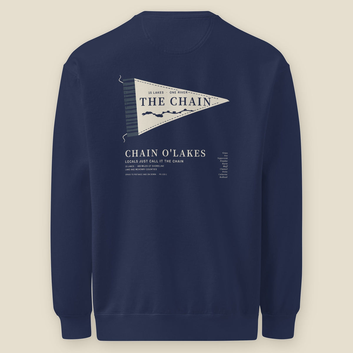 Chain O'Lakes Crewneck, back, True Navy: cream pennant reading THE CHAIN, river and lakes cut below