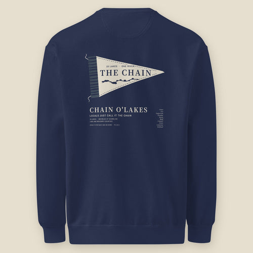 Chain O'Lakes Crewneck, back, True Navy: cream pennant reading THE CHAIN, river and lakes cut below