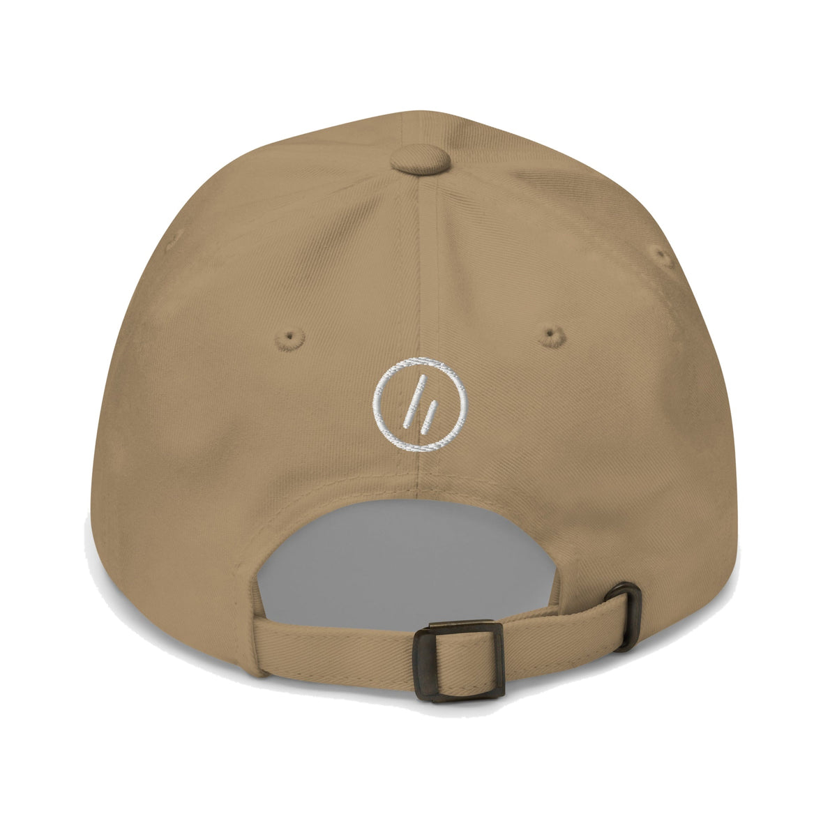 Mayvick dad cap, khaki (close to Prairie Path), back: white stitched roundel symbol with the two-bar mark