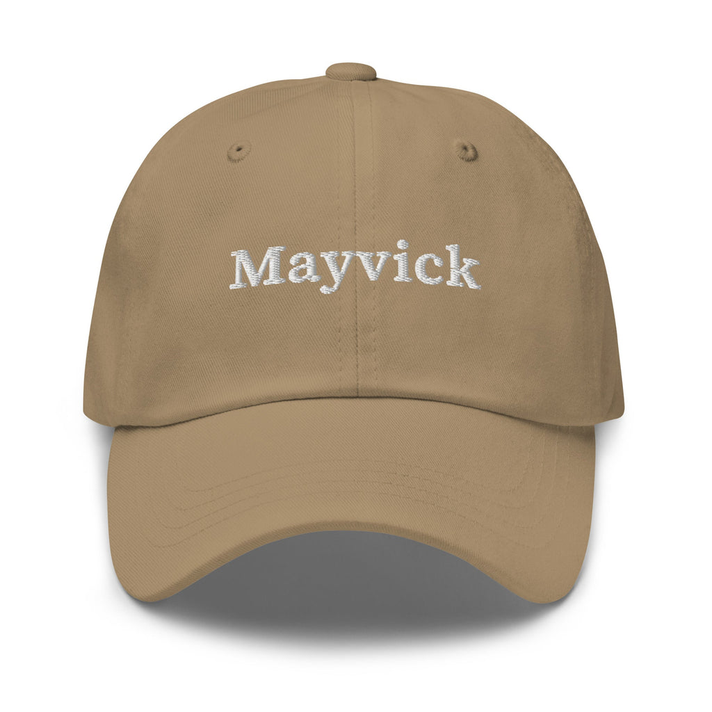 Mayvick dad cap, khaki (close to Prairie Path), front: white stitched Mayvick wordmark