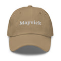 Mayvick dad cap, khaki (close to Prairie Path), front: white stitched Mayvick wordmark