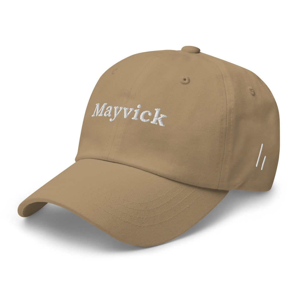 Mayvick dad cap, khaki (close to Prairie Path), 3/4 front-left: white wordmark, two-bar mark on the side