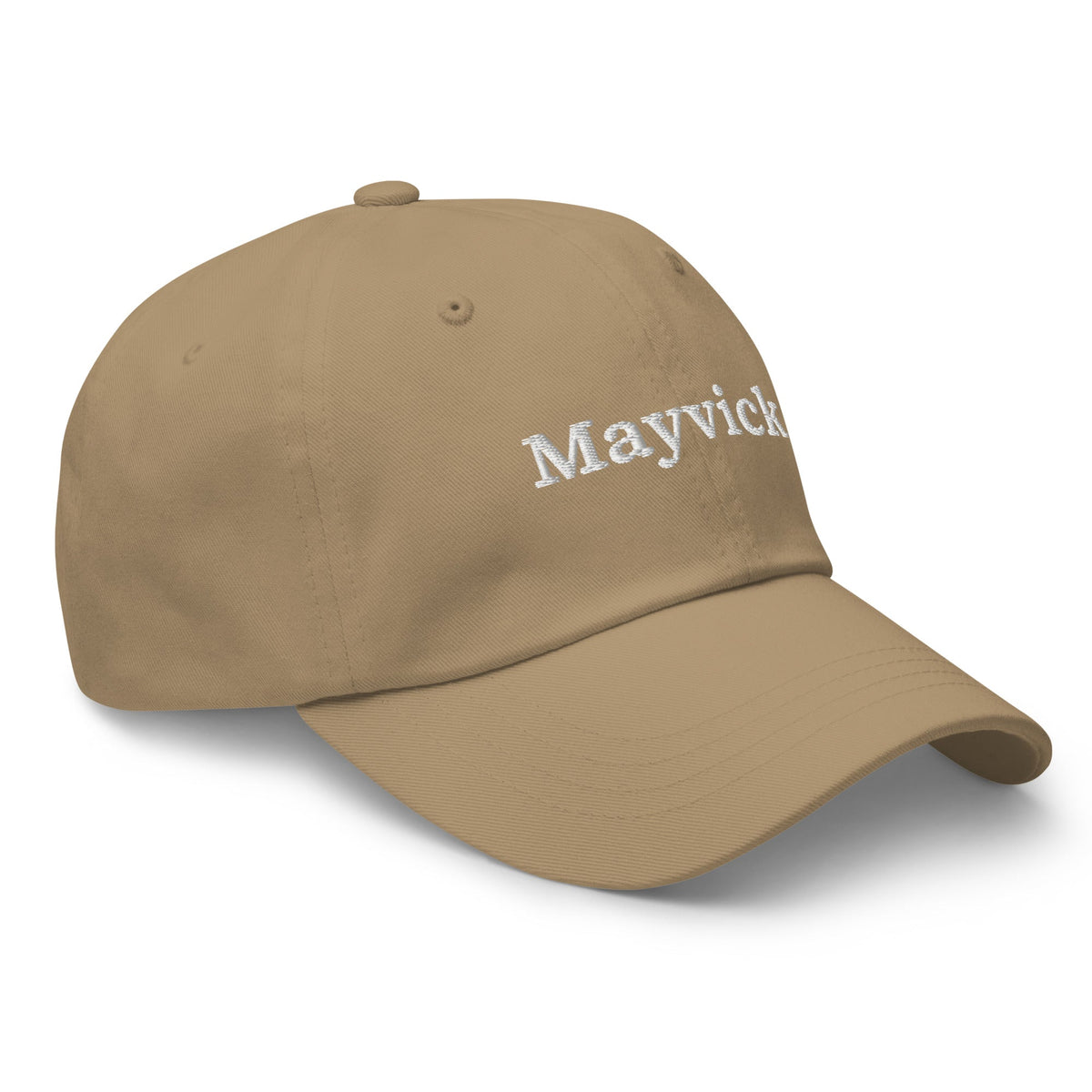 Mayvick dad cap, khaki (close to Prairie Path), front-right: white stitched Mayvick wordmark
