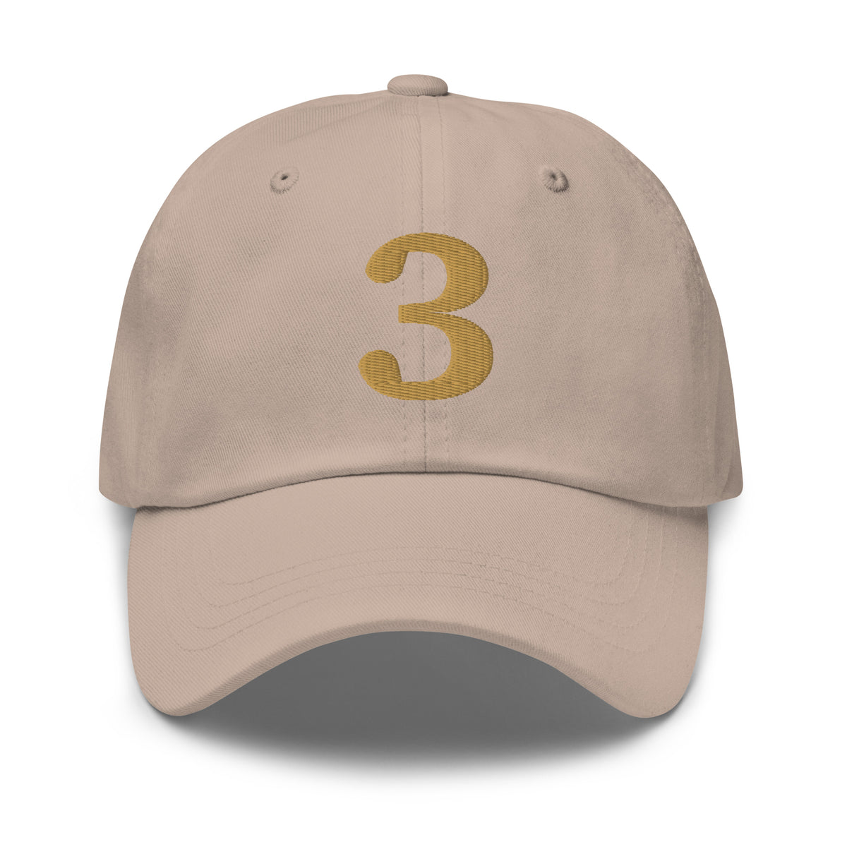 Mayvick dad cap 3, stone, front: bold 3 stitched in Old Gold