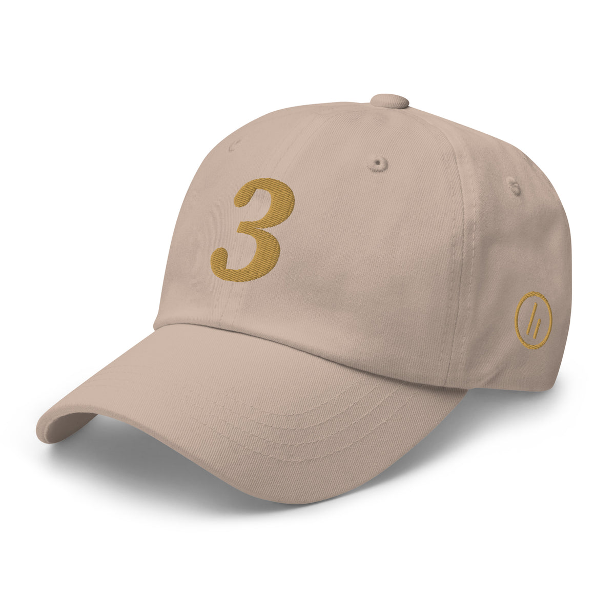 Mayvick dad cap 3, stone, 3/4 front-left: Old Gold 3, roundel symbol on the side