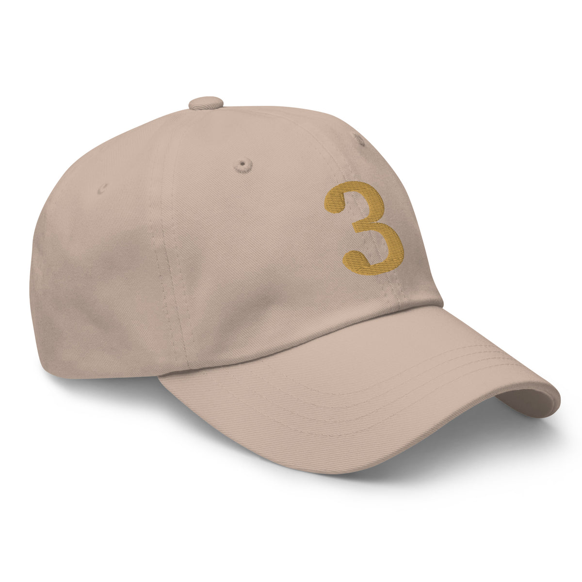 Mayvick dad cap 3, stone, 3/4 front-right: bold 3 stitched in Old Gold
