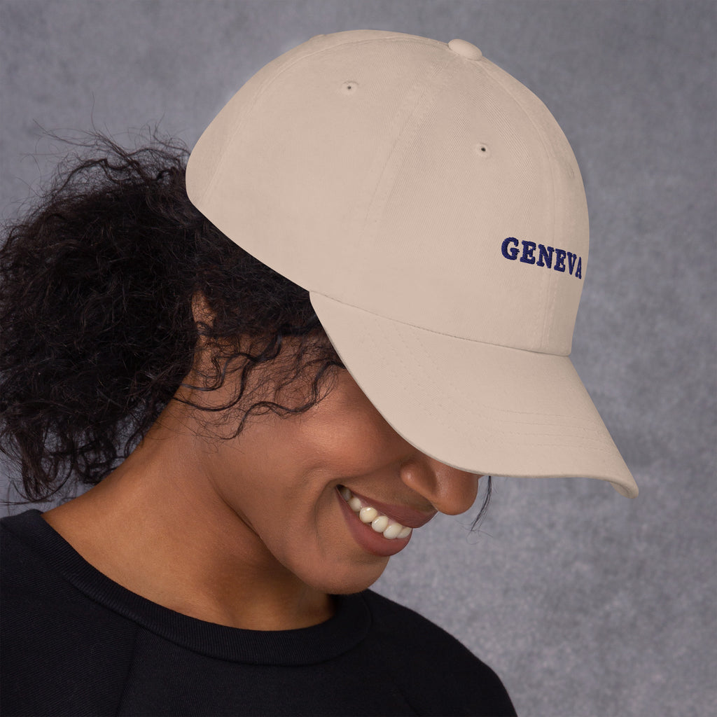 Geneva Hat, three-quarter right, worn, Stone: GENEVA in navy, plain right panel