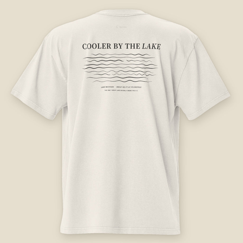 Cooler by the Lake Heavyweight Tee, back, Lemont Stone (Bone): the title over nine loose drawn lake lines.