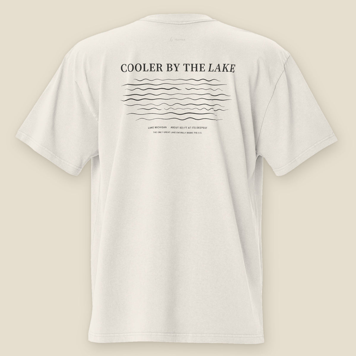 Cooler by the Lake Heavyweight Tee, back, Lemont Stone (Bone): the title over nine loose drawn lake lines.