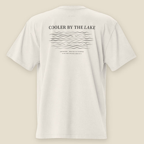 Cooler by the Lake Heavyweight Tee, back, Lemont Stone (Bone): the title over nine loose drawn lake lines.