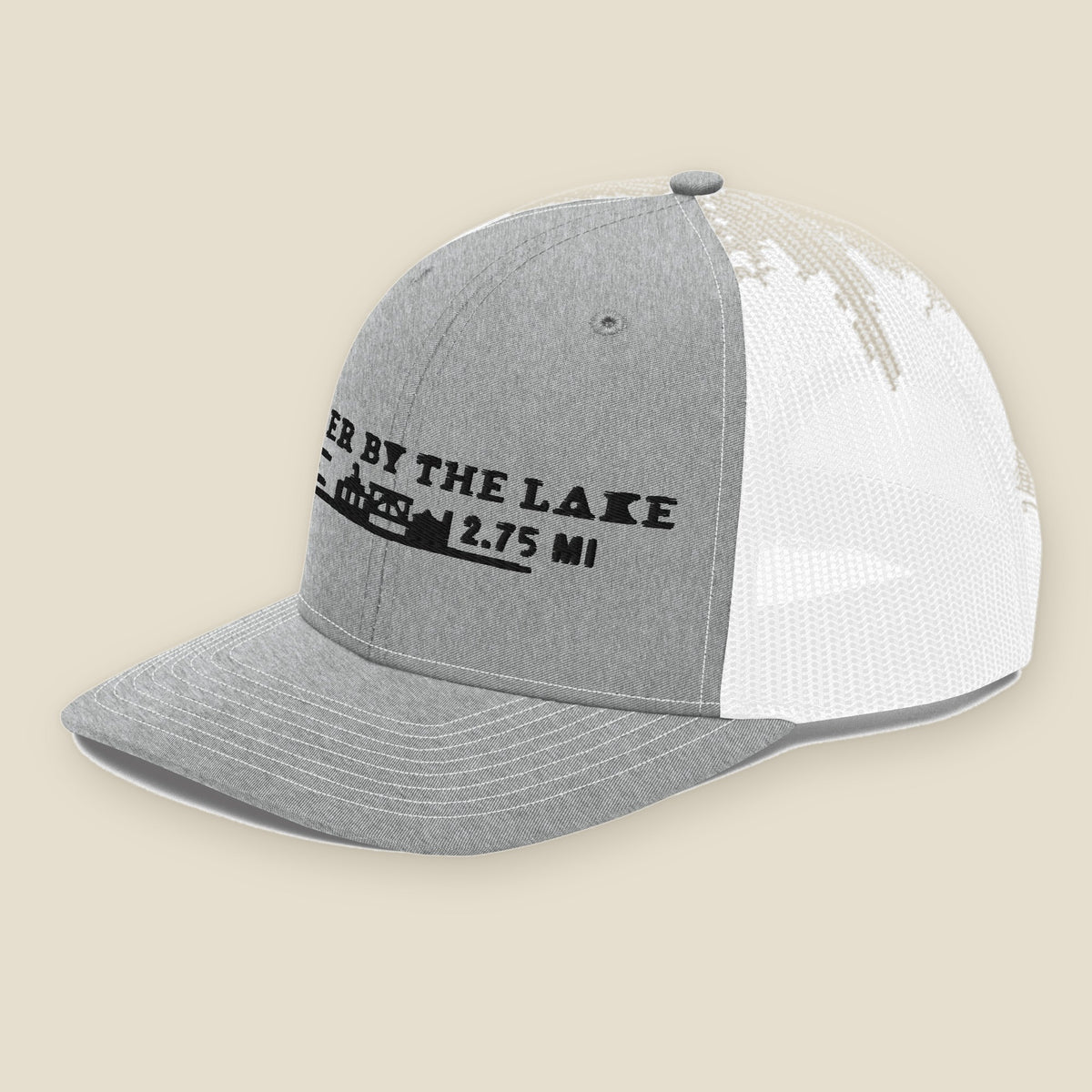 Cooler by the Lake Trucker Cap, three-quarter left, Heather Grey/White: embroidered front, white mesh side