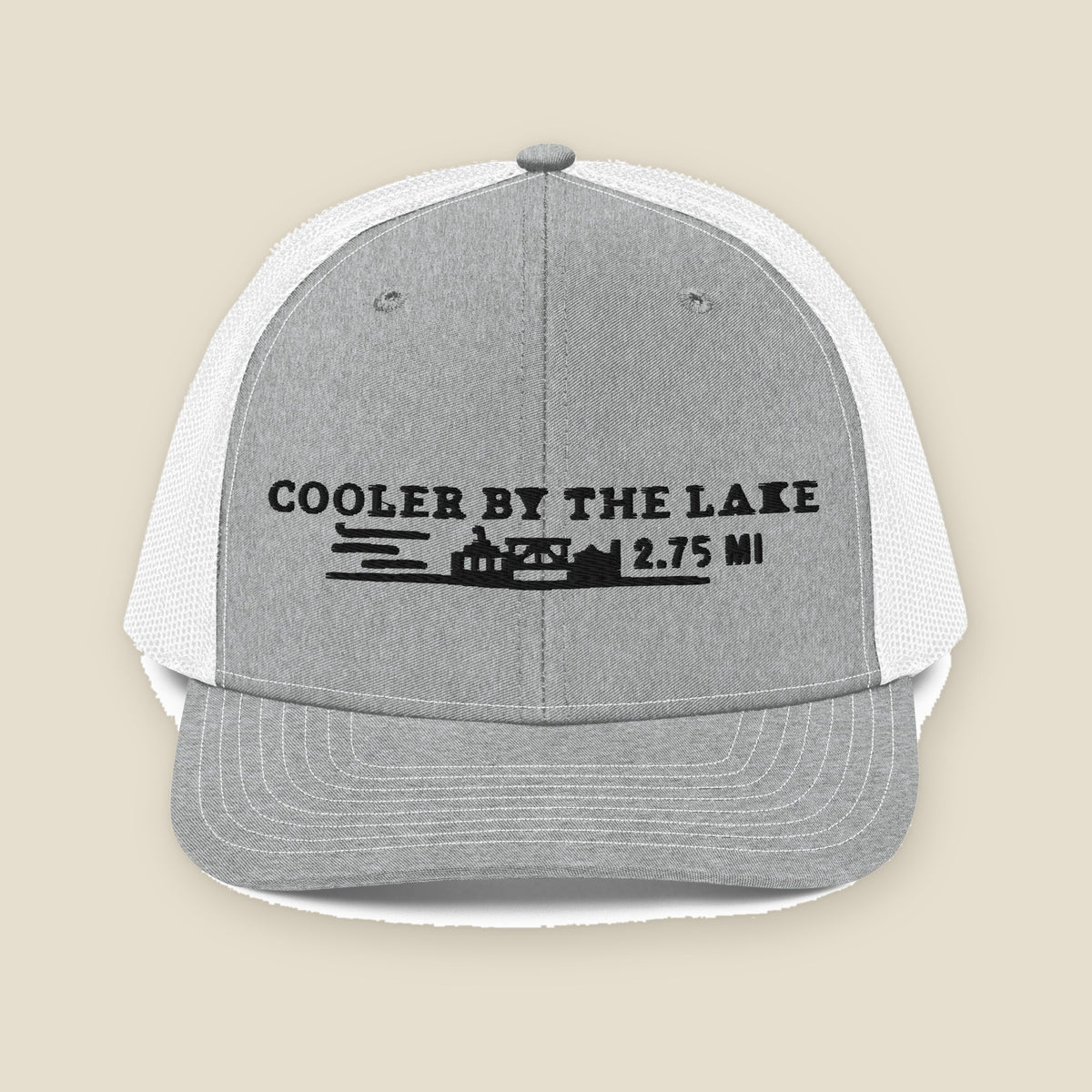 Cooler by the Lake Trucker Cap, front, Heather Grey/White: black embroidered title, cribs, bridge and 2.75 MI