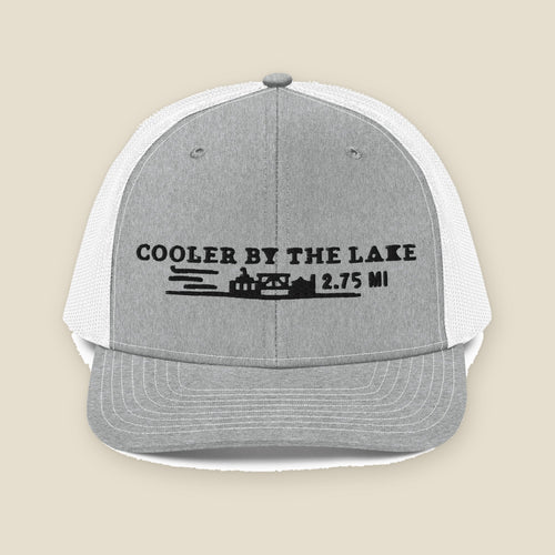 Cooler by the Lake Trucker Cap, front, Heather Grey/White: black embroidered title, cribs, bridge and 2.75 MI