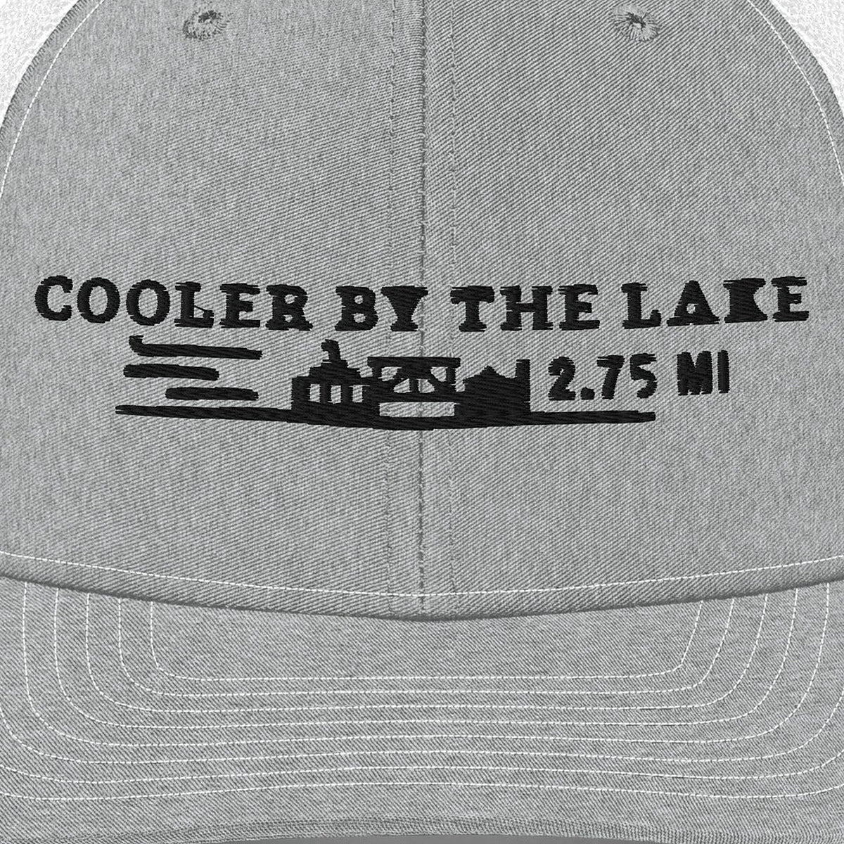 Cooler by the Lake Trucker Cap, front close-up, Heather Grey: COOLER BY THE LAKE and 2.75 MI in black
