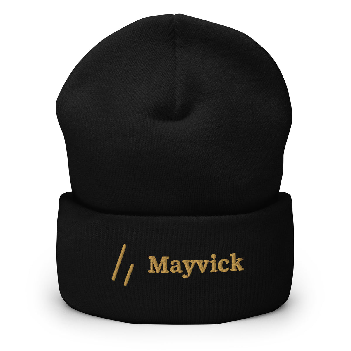 Mayvick cuff beanie, Black, front shaped view: Old Gold stitched double slanted line mark and wordmark on the cuff